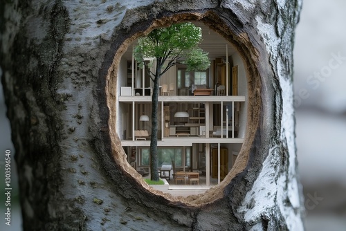 Miniature house carved into the trunk of a growing tree