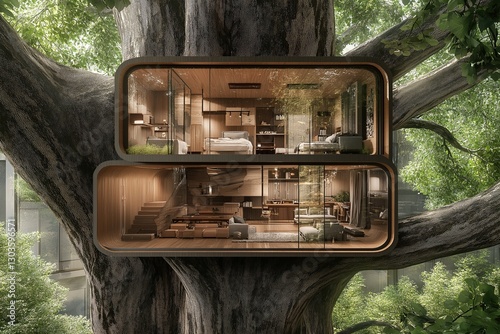 Beautiful two-story mini house hanging on a huge thick tree trunk