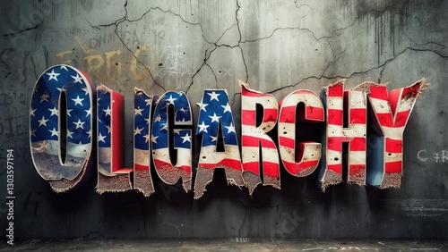 Oligarchy graffiti featuring American flag design on a cracked concrete wall
