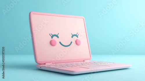 Pink laptop shows a happy smiling face in bright, solid blue studio