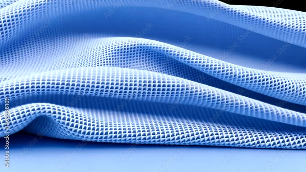 Close-up of textured blue fabric showcasing intricate mesh pattern and folds
