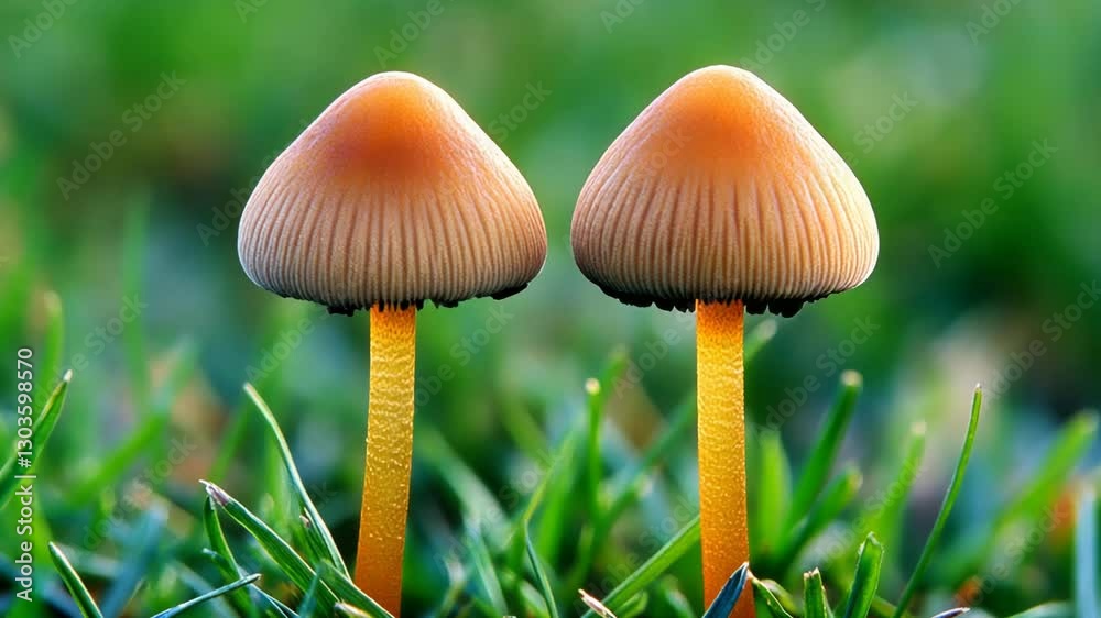 Two vibrant mushrooms growing side by side in a lush green lawn during a sunny day Two vibrant mushrooms growing side by side in a lush green lawn during a sunny day