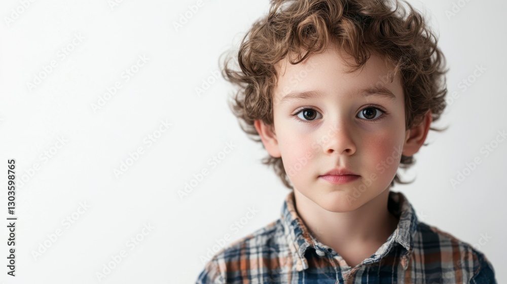 Portrait of a young child with curly hair wearing a plaid shirt against a blank background Portrait of a young child with curly hair wearing a plaid shirt against a blank background