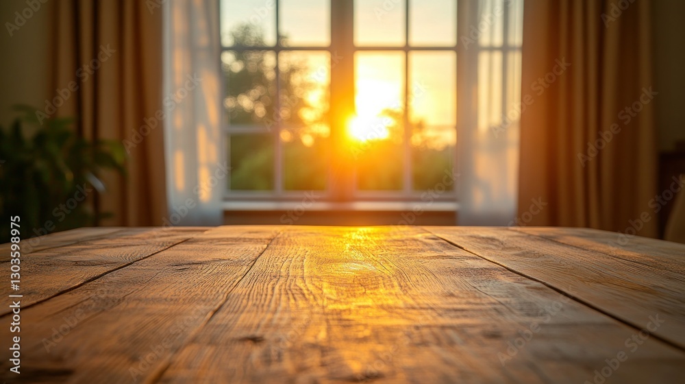 Obraz premium Wooden table, sunset view, window, home interior