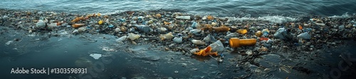 Wide-angle image of a beach polluted with plastic waste and oil along the shore. Generative AI photo