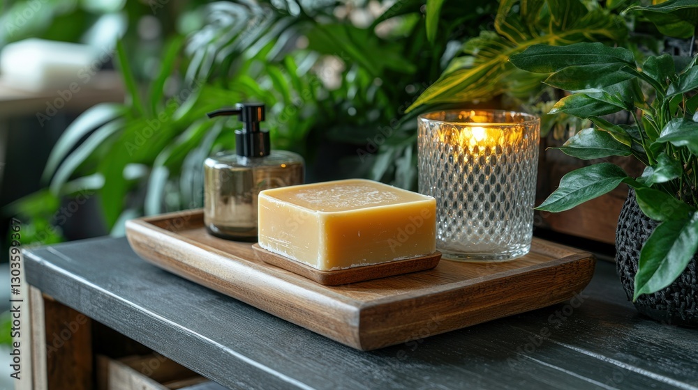Wooden tray with soap, candle, and dispenser in lush greenery Wooden tray with soap, candle, and dispenser in lush greenery