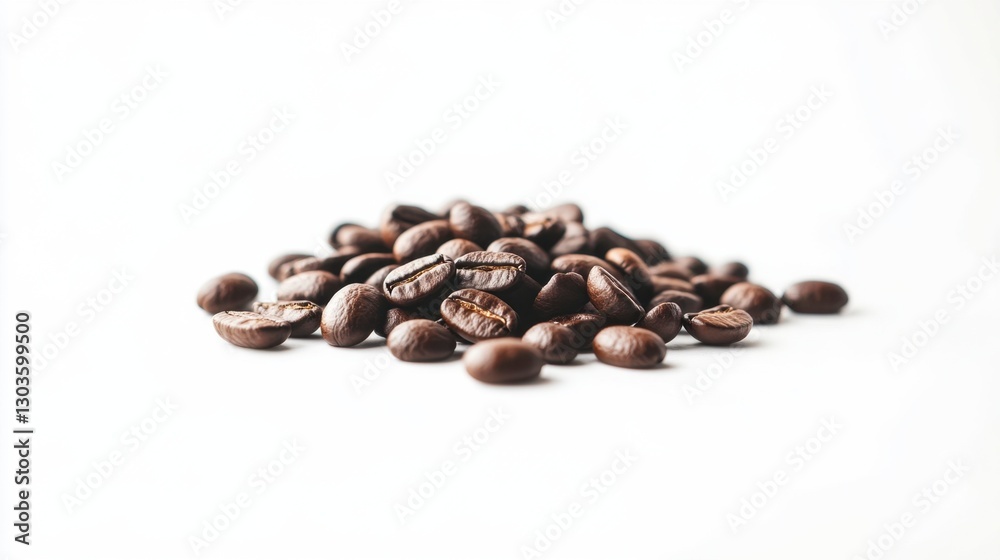 Pile of Dark Brown Coffee Beans Displayed on White Surface with Detailed Texture Pile of Dark Brown Coffee Beans Displayed on White Surface with Detailed Texture