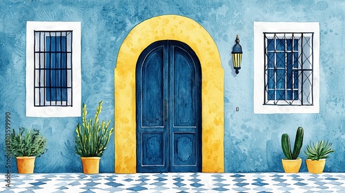   A blue house with a yellow door and two potted cacti in front