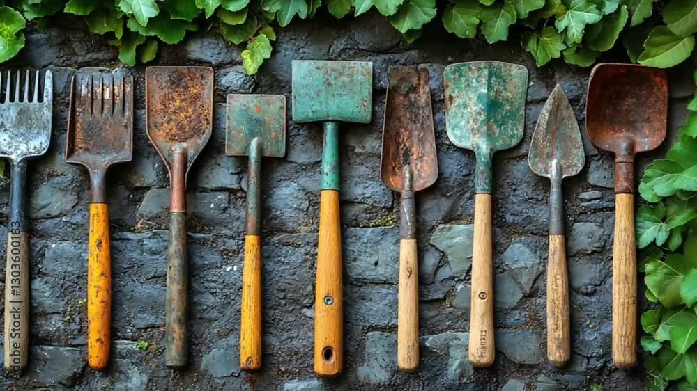 Vintage gardening tools arranged on a stone wall