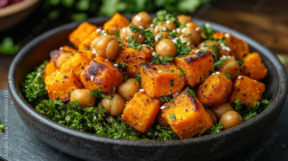 Vibrant roasted sweet potato and chickpea salad with herbs and spices. Generative AI Vibrant roasted sweet potato and chickpea salad with herbs and spices. Generative AI