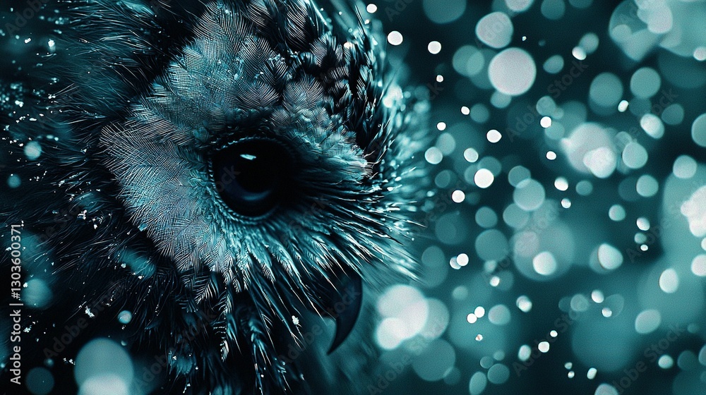 Φωτογραφία Close-up of an owl's face with blurry boke of light on its face
