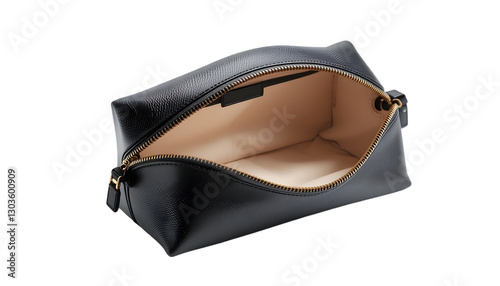 A sleek and trendy open cosmetic bag in a side view, featuring a minimalist design with visible high-end beauty products inside, isolated on a white background, ideal for fashion and cosmetic branding