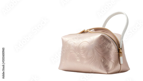 A sleek and trendy open cosmetic bag in a side view, featuring a minimalist design with visible high-end beauty products inside, isolated on a white background, ideal for fashion and cosmetic branding