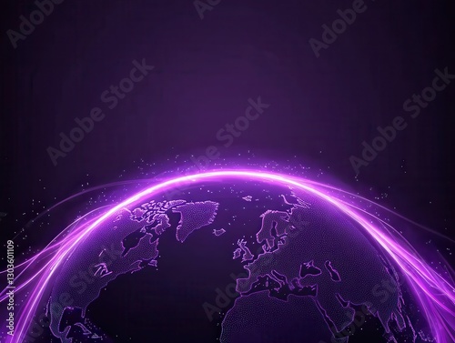 A glowing purple globe with light trails, set against a dark background
