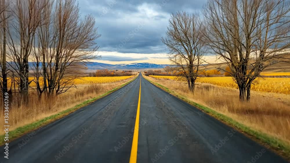 Serene rural road surrounded by autumn fields and trees under a cloudy sky in a picturesque landscape Serene rural road surrounded by autumn fields and trees under a cloudy sky in a picturesque landscape