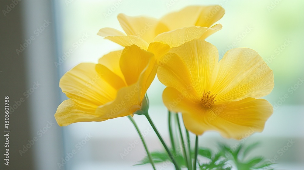 Fototapeta premium Three yellow flowers in a vase, window sill