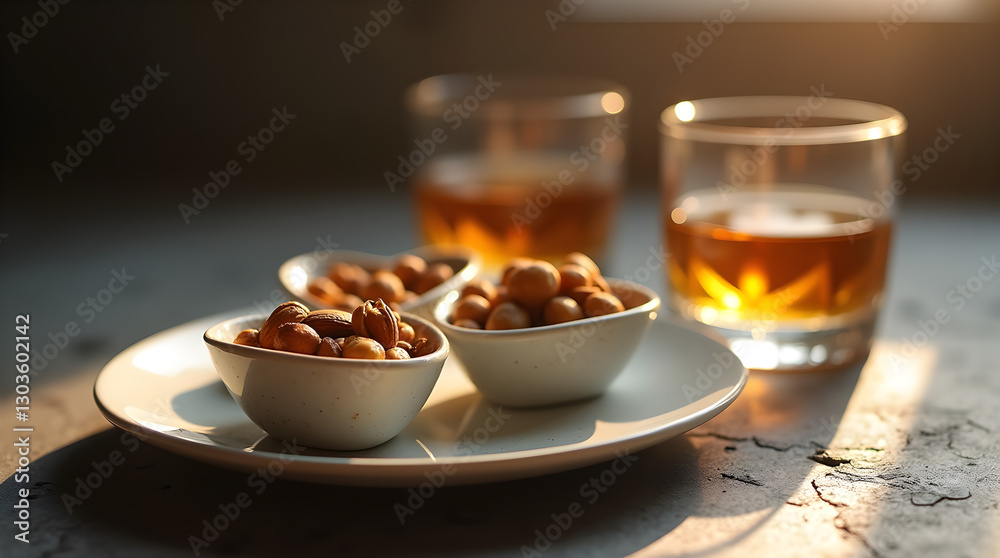 Appetizing Whiskey and Nuts Snacks Golden Hour Food Photography Still Life Rustic Style Drink Snack Image Photo Close-Up Detailed Shot Appetizing Whiskey and Nuts Snacks Golden Hour Food Photography Still Life Rustic Style Drink Snack Image Photo Close-Up Detailed Shot