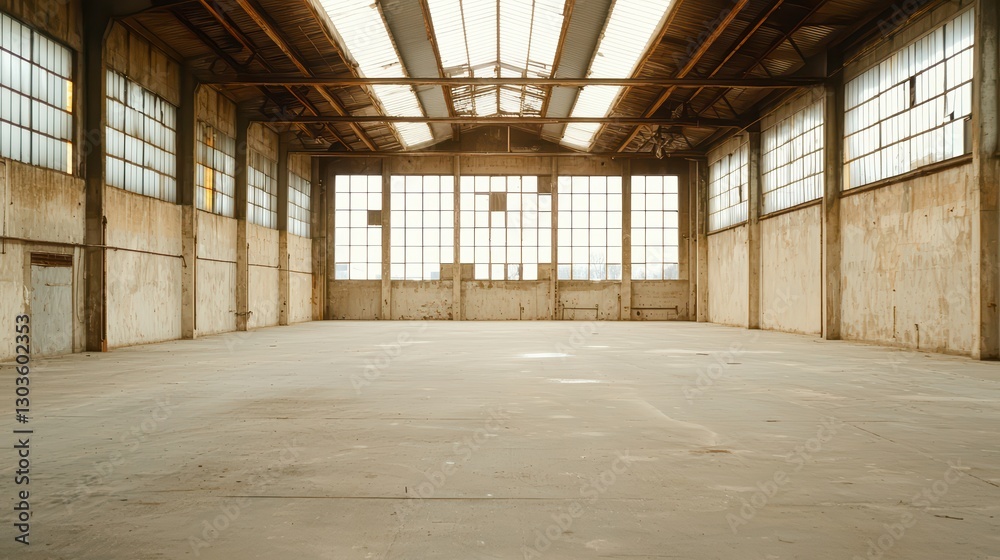 Vast Empty Industrial Warehouse Interior Featuring Skylights and Chaotic Atmosphere Vast Empty Industrial Warehouse Interior Featuring Skylights and Chaotic Atmosphere
