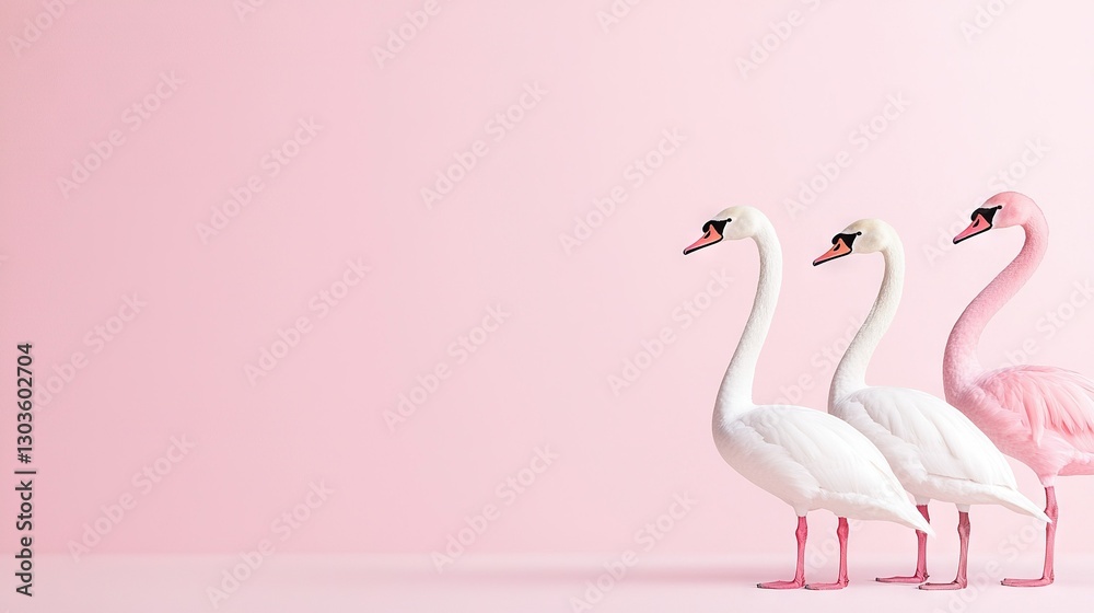 Fototapeta premium A pair of pink flamingos stand beside each other against a pink backdrop with a pink wall in the background