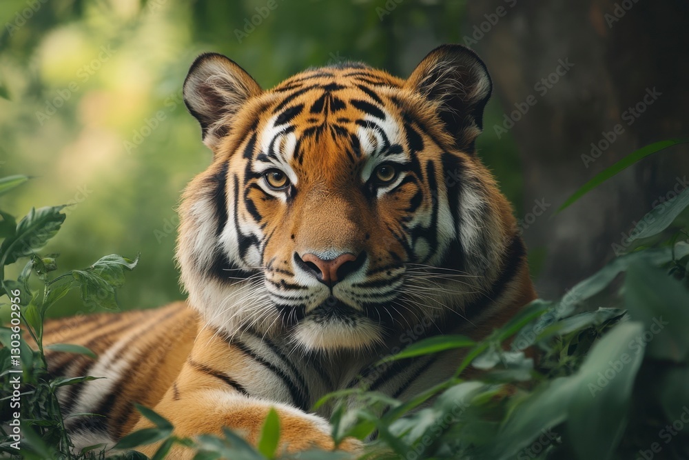 Fototapeta premium Majestic Bengal Tiger Stares Intently, Relaxing Among Lush Green Foliage in Natural Habitat