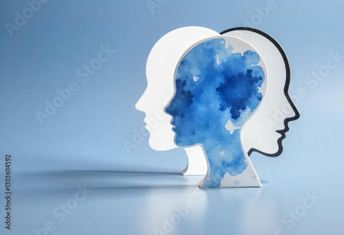 Three White Human Head Silhouettes Featuring a Gear Brain and Heart Symbolizing Innovation Emotion and Intelligence on a Clean White Background