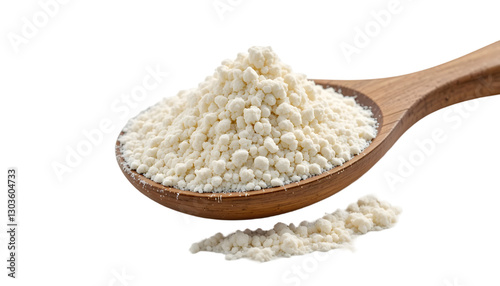 A rustic wooden spoon holding a heap of organic coconut flour, highlighting its purity and natural appeal, isolated on a white background with precise clipping, side view, perfect for wellness and eco