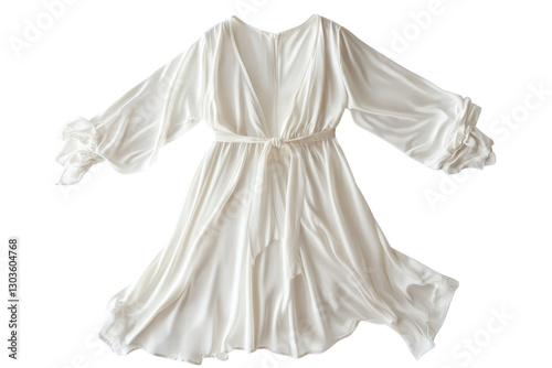 Elegant white dress with flowing sleeves and waist tie, perfect for warm summer days isolated on transparent background