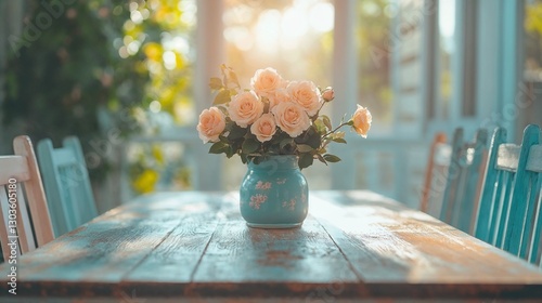 Shabby chic style rustic dining table with turquoise chairs, floral decor and sunlight for lifestyle blogs, interior inspiration, dining room makeovers, and cottage decor blogs