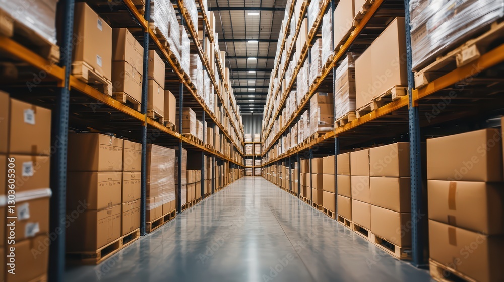 Fototapeta premium Large Warehouse Interior with Tall Storage Racks in Chaotic Arrangement of Packed Boxes