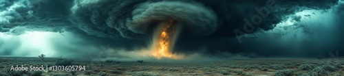 Apocalyptic Storm with Fiery Tornado Reaching the Ground Over a Dry Terrain. Generative AI