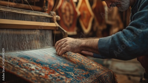 Skilled Artisan Weaving Traditional Carpet in a Workshop with Warm Earthy Tones for Craftsmanship Blogs, Cultural Preservation Campaigns, and Handmade Marketplaces