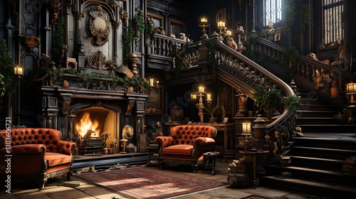 Grand Victorian Mansion Interior with Fireplace and Winding Staircase