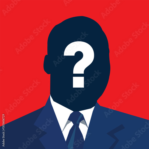 Unknown person with covered, masked, hidden face. Anonymous character. Mysterious man. Black silhouette. Vector illustration.
