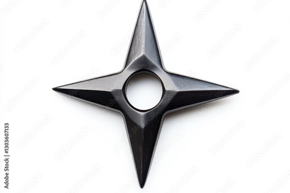 A striking black ninja star rests on a clean white surface, showcasing its sharp points and design isolated on transparent background A striking black ninja star rests on a clean white surface, showcasing its sharp points and design isolated on transparent background