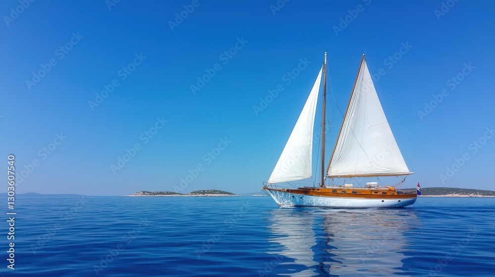 Fototapeta premium Sailboat Navigating Tranquil Blue Waters Under Clear Sky in a Serene Seascape