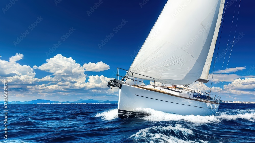 Fototapeta premium Vibrant Sailboat Navigating Through Turquoise Waters Under Bright Blue Skies