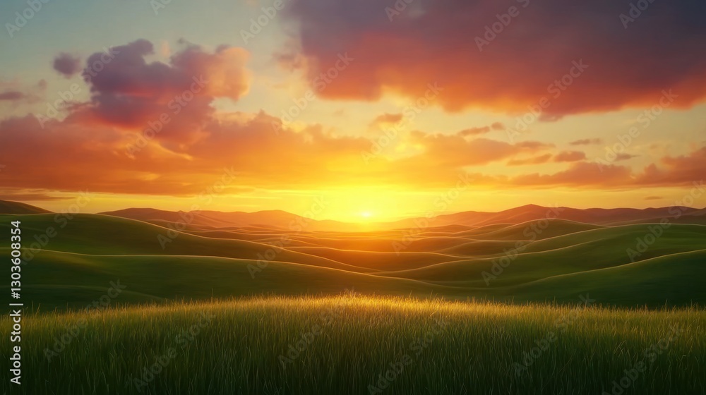 Golden Hour Serenity: Rolling Hills Sunset Landscape