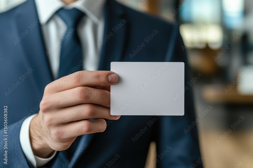 Business professional in a navy suit holding a blank white business card in a modern office. Ideal for branding, corporate identity, networking, and marketing concepts Business professional in a navy suit holding a blank white business card in a modern office. Ideal for branding, corporate identity, networking, and marketing concepts