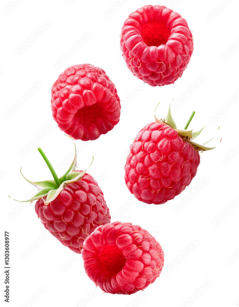 Fresh raspberries falling on transparent background Fresh raspberries falling on transparent background