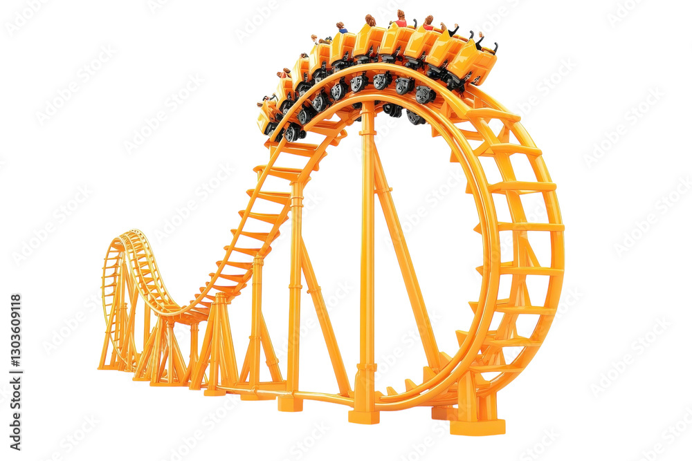 Thrilling descent on a vibrant orange roller coaster at a summer amusement park in full swing isolated on transparent background