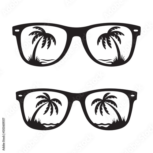 Palm tree in sunglass Silhouette vector illustration set