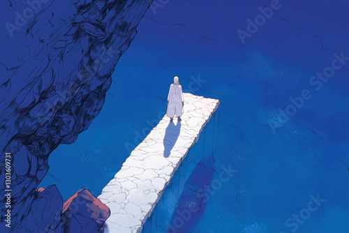 Figure Walking on a Bridge Over Blue Water
