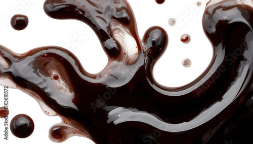 A detailed image of soy sauce spilled in a natural, flowing pattern, showcasing its rich, dark color and glossy texture, isolated on a white background with precise clipping, ideal for food photograph