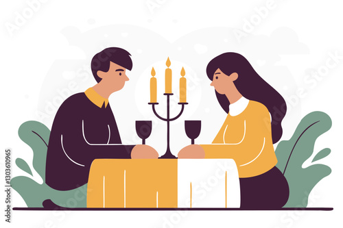 Couple having candlestick dinner, romantic evening, vector illustration, candlelight dinner, love theme