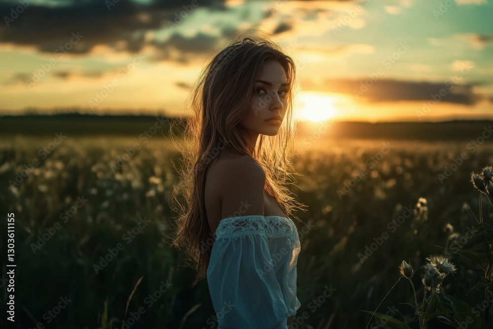 Portrait of Young Woman in Field at Sunset with Golden Light, Gazing at Camera Portrait of Young Woman in Field at Sunset with Golden Light, Gazing at Camera