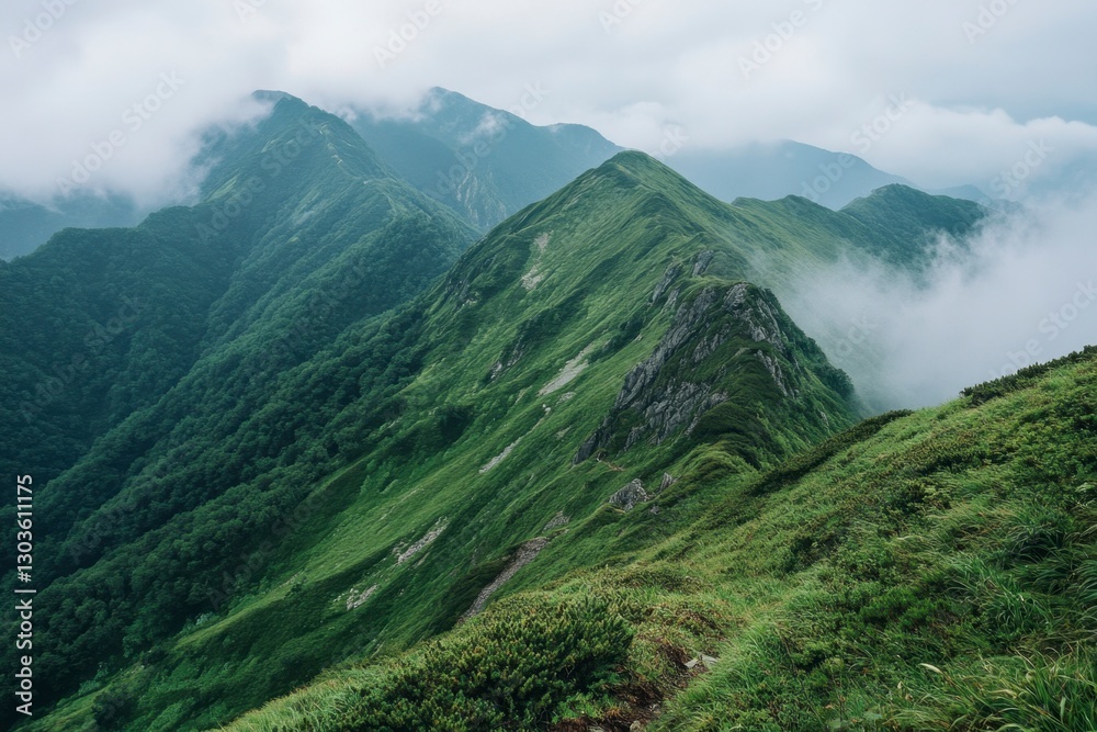 Emerald Ridges: A Serene Vista of Verdant Peaks Piercing Through Mystical Clouds, Revealing a Dramatic and Breathtaking Alpine Landscape