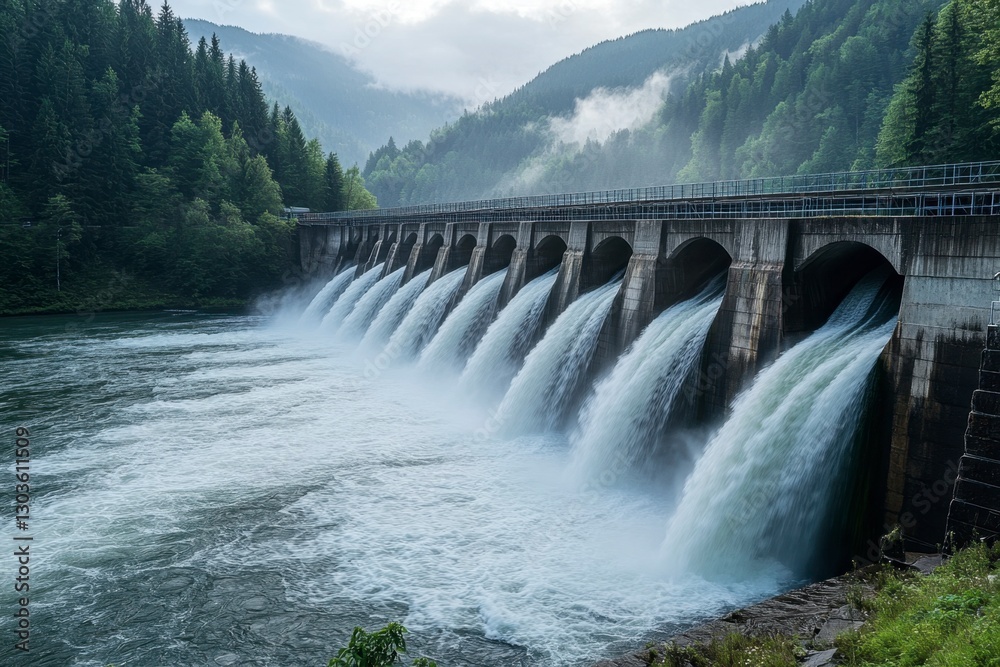 Powerful Waterfall Cascade over Concrete Dam Structure Amidst Lush Forest Landscape Powerful Waterfall Cascade over Concrete Dam Structure Amidst Lush Forest Landscape