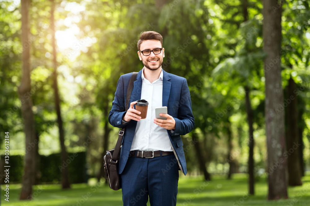 Handsome office worker with his morning coffee checking emails on phone at park on sunny day Handsome office worker with his morning coffee checking emails on phone at park on sunny day