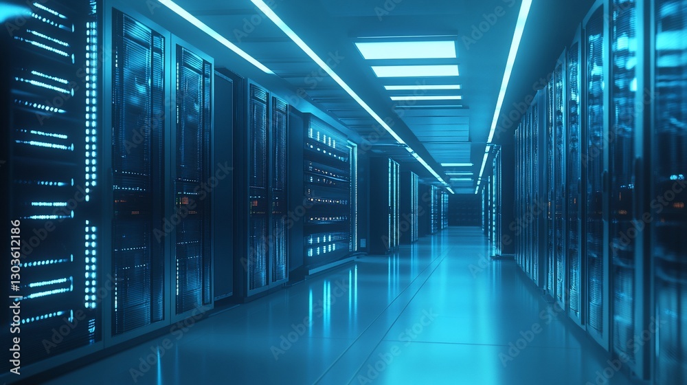 A futuristic data center with illuminated server racks. A futuristic data center with illuminated server racks.