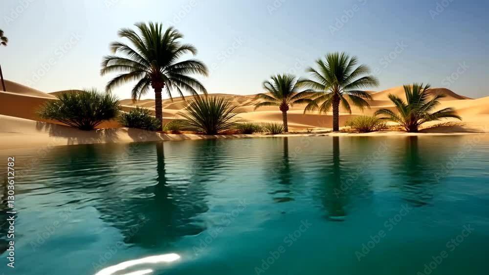 Desert oasis with palm trees and crystal-clear water in golden sand landscape Desert oasis with palm trees and crystal-clear water in golden sand landscape